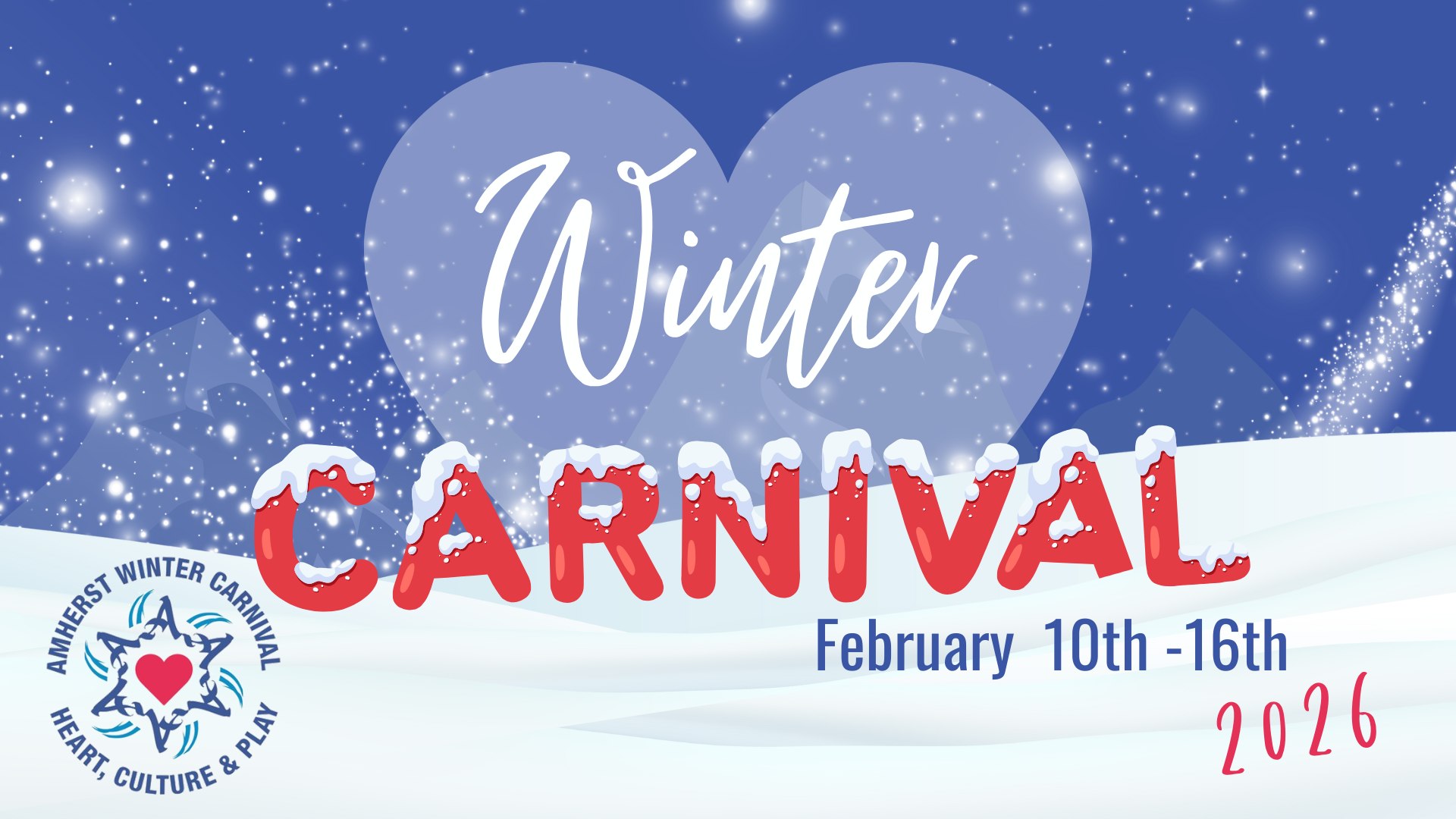 Graphic with winter snow and text indicating Amherst's winter carnival will take place from February 10 to 16, 2026. Image is linked to the complete schedule for Winter Carnival 2026, with a text based version of the schedule.